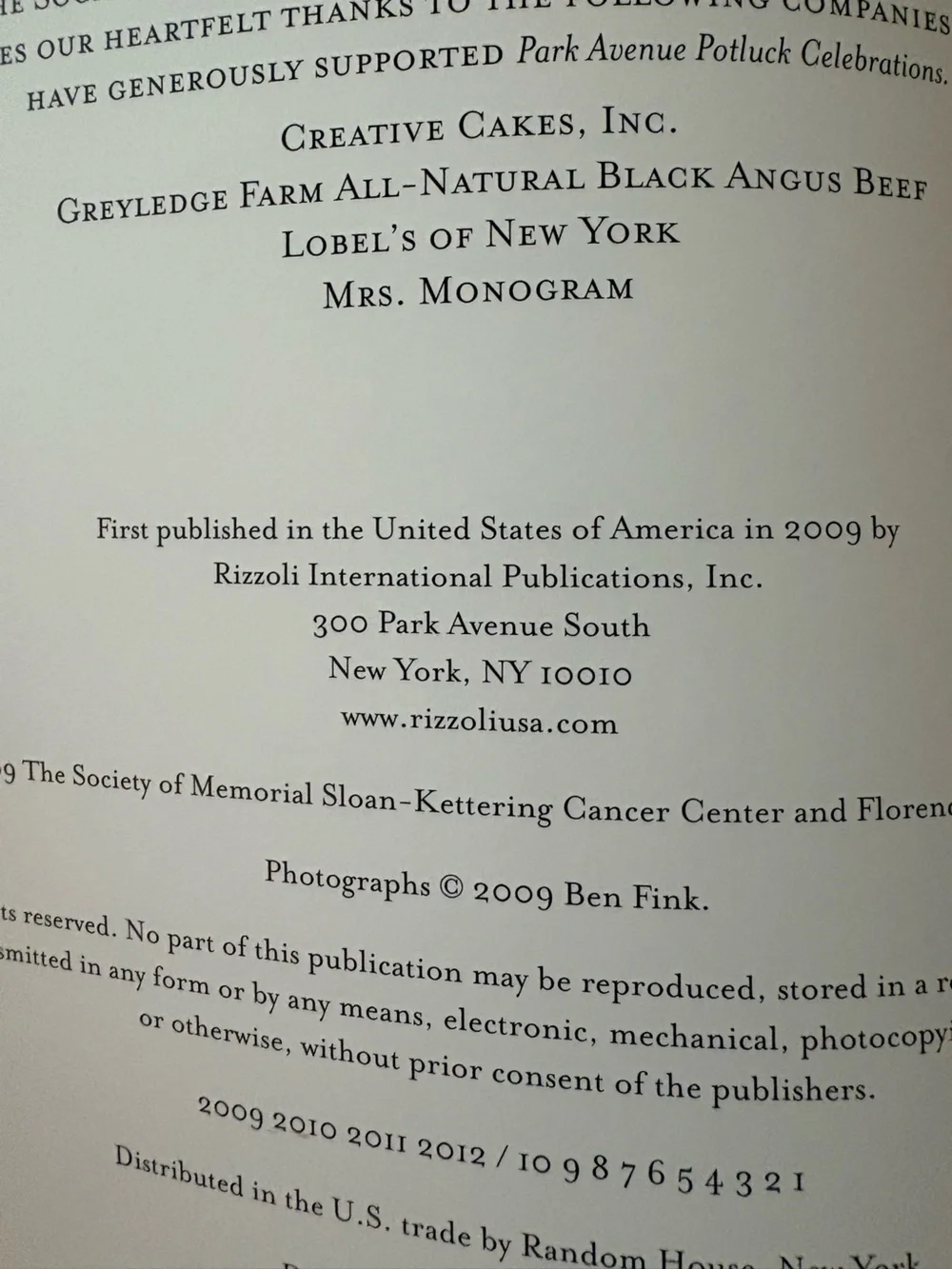 Park Avenue Potluck Celebrations HC Rizzoli Memorial Sloan Kettering 2009